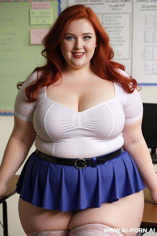 half body photo shot close up, about at classroom, chubby ((obese but so hot)) redhead fat bbw curvy teacher, wearing a sexy and hot micro colorfull ruffle skirt, and stocking lingeries, sports top. teaching to the classroom. ((dynamic angle)) - #main