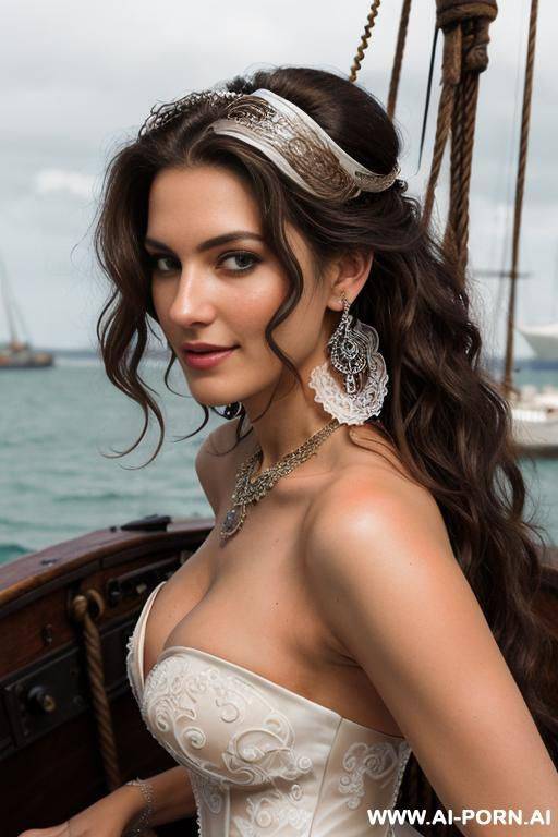 ((topless)), (steampunk pirate outfit), (pirate ship), (flirty), (slutty smirk), (soft seductive smile), (overcast day), (perfect model face), (light tan), (wide hips), (thick thighs), (eye contact), (necklace), (long voluminous hair), (topless) - #main