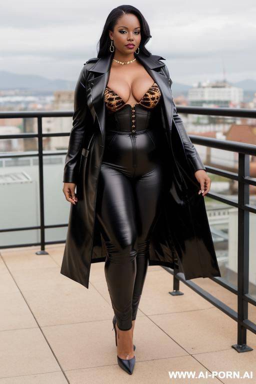 elegant chubby milf in rooftop bar, long leather pants, long leather coat in black panther print, animal print design, high heels, high definition picture, full body view, white blouse - #main