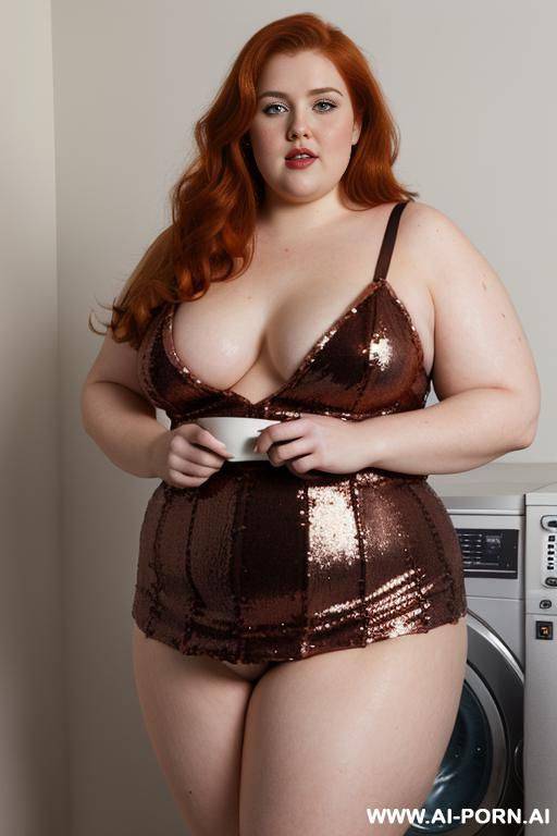half-length photo, ((half body photo shot close up)). as a set in the laundry area, a (((very obese))) fat chubby fat thick and bbw redhead british, ((she is washing clothes)). she has - #main