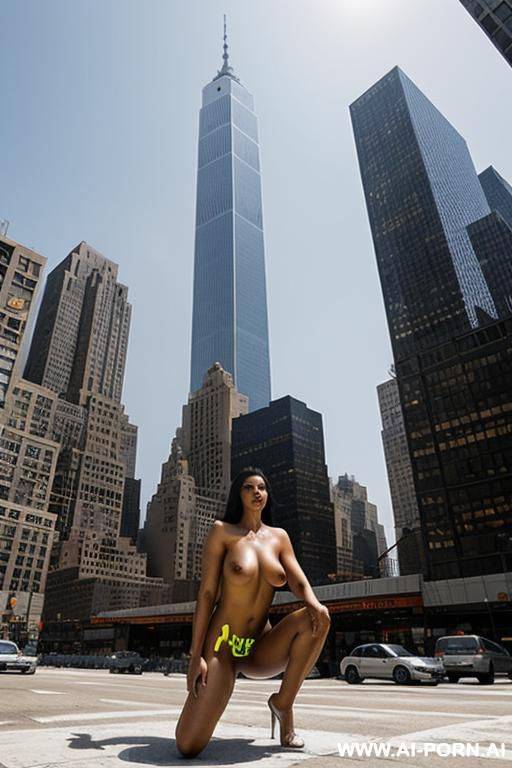 giant woman crossing skyscrs , naked mega-giant female in newyork, skyscrappers around her knees, sky-tall giant naked female - #main