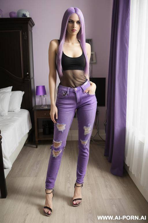 purple straight hair, tank top, long jeans, sandals, painted long nails - #main