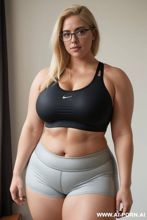 (thick rimmed glasses) (sports bra), massive thighs, gigantic thighs, obese thighs, muscled bulked up thighs, huge thighs, fat thighs - #main