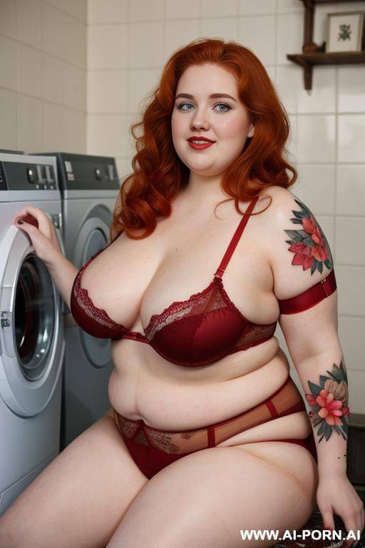 half-length photo, ((half body photo shot close up)). as a set in the laundry area, a (((very obese))) fat chubby fat thick and bbw redhead british, ((she is washing clothes)). she has - #main