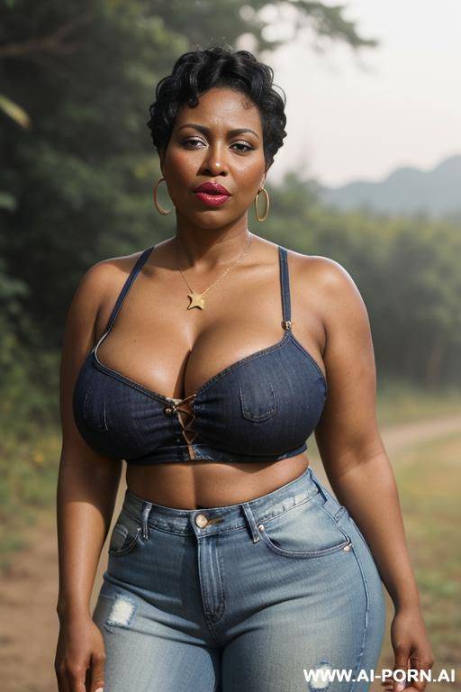 black milf in short denim cut jeans, curvy waist - #main