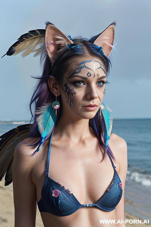 face, sexy, beautiful, ((face painting)), ((bikini as seashell)), ((tattoo roses)), ((eyes shw)), ((angel wings)), ((rainbow hair)), ((sexy expression)), ((long bu hair)), ((wind)), (( cat face)), (( cat - #main