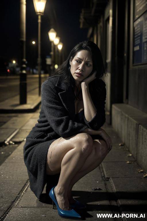 a beautiful woman in her mid-20s, sitting alone on a cold, cracked sidewalk at night, under a dim streetlight. she is nearly unclothed, wearing only torn, mal clog, portraying the impact of - #main