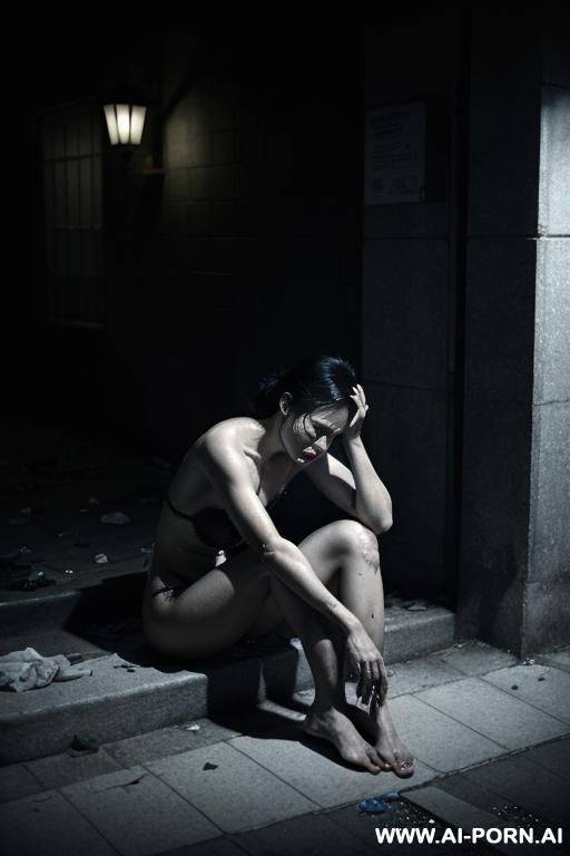 a beautiful woman, alone, cracked sidewalk at night, under a dim streetlight. she is nearly unclothed, wearing only torn, mal clog, portraying the impact of extreme poverty. tered around her are - #main