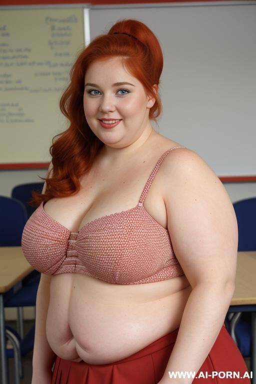 close up half body photo shot, about at classroom, chubby ((obese)) redhead fat bbw curvy teacher, wearing a sexy and hot micro red ruffle skirt, and elegant top, teaching to the classroom. - #main