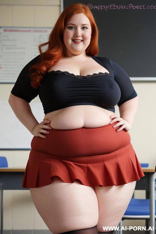 close up full body photo shot, about at classroom, chubby ((very obese)) redhead fat bbw curvy teacher, wearing a sexy and hot micro red ruffle skirt, and elegant top, teaching to the classroom. - #main