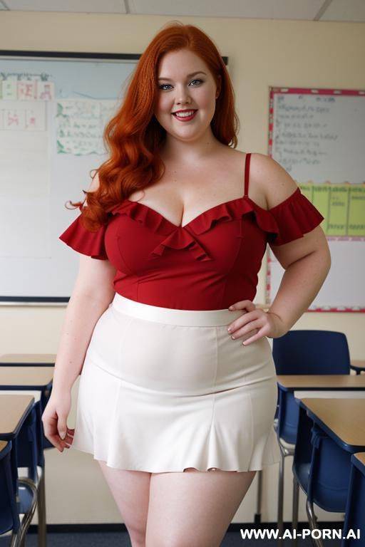 close up full body photo shot, about at classroom, chubby (very obese) redhead fat bbw curvy teacher, wearing a sexy and hot micro red ruffle skirt, and elegant top, teaching to the classroom. - #main