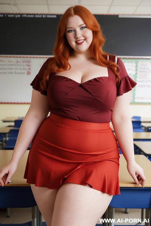 close up full body photo shot, about at classroom, chubby very obese redhead fat bbw curvy teacher, wearing a sexy and hot micro red ruffle skirt, and elegant top, teaching to the classroom. - #main