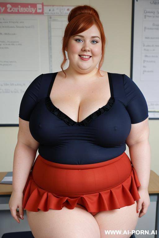 close up half body photo shot, about at classroom, chubby ((obese)) redhead fat bbw curvy teacher, wearing a sexy and hot micro sequins red ruffle skirt, and elegant top, teaching to the classroom. - #main