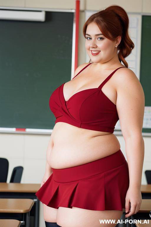 close up half body photo shot, about at classroom, chubby ((chubby with lovehandless, thick wide hips)) redhead fat bbw curvy teacher, wearing a sexy and hot micro sequins red ruffle skirt, and elegant top, teaching to the classroom. - #main