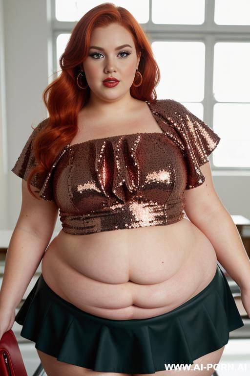 close up half body photo shot, about at classroom, redhead fat bbw curvy teacher, wearing a sexy and hot micro sequins red ruffle skirt, and elegant top, teaching to the classroom. - #main