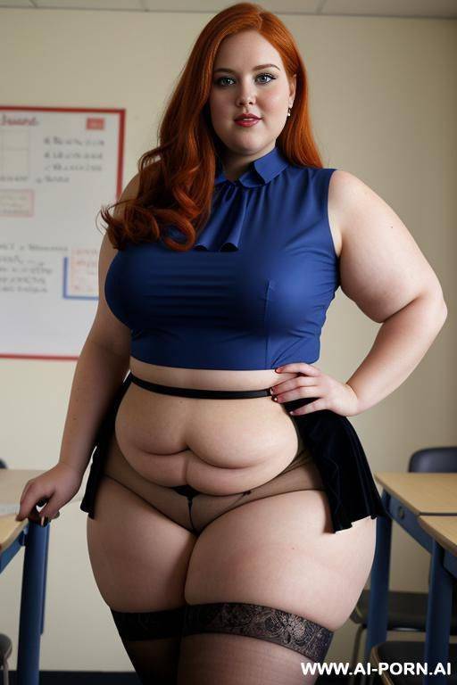 close up full body photo shot, about at classroom, chubby very ((very obese)) redhead fat bbw curvy teacher, wearing a sexy and hot micro ruffle leather skirt, and elegant top, teaching to the classroom. ((dynamic angle)), perfect face - #main