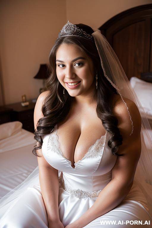 tall, giant, 20 year old basketball athlete, princess, smiling, ((massive breasts)), (((thick muscular arms))), long hair, (big eyes), sitting in a fancy bedroom, wearing a wedding dress and veil showing cleavage, looking at the camera - #main