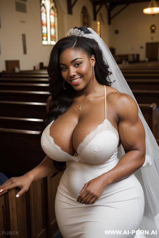 tall, giant, 20 year old african american model, smiling, ((massive breasts)), (((thick muscular arms))), long hair, standing in a crowded chapel, wearing a wedding dress showing cleavage, looking at the camera - #main