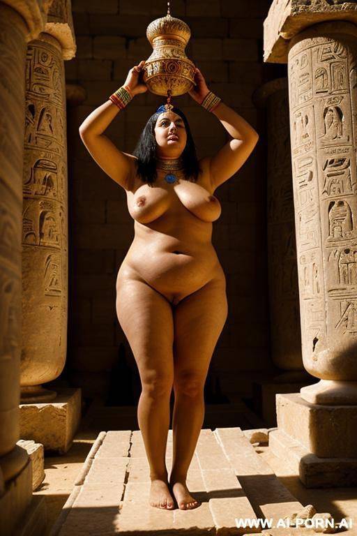 ancient egyptian chubby naked female temple servant with shaved vagina is used by her priestess during a ritual - #main