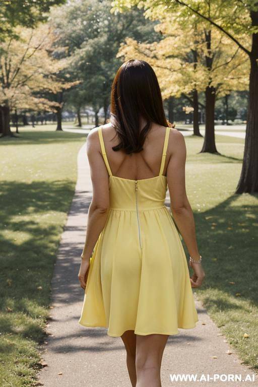 (suburban mom) (short yellow dress) (walking in the park) - #main