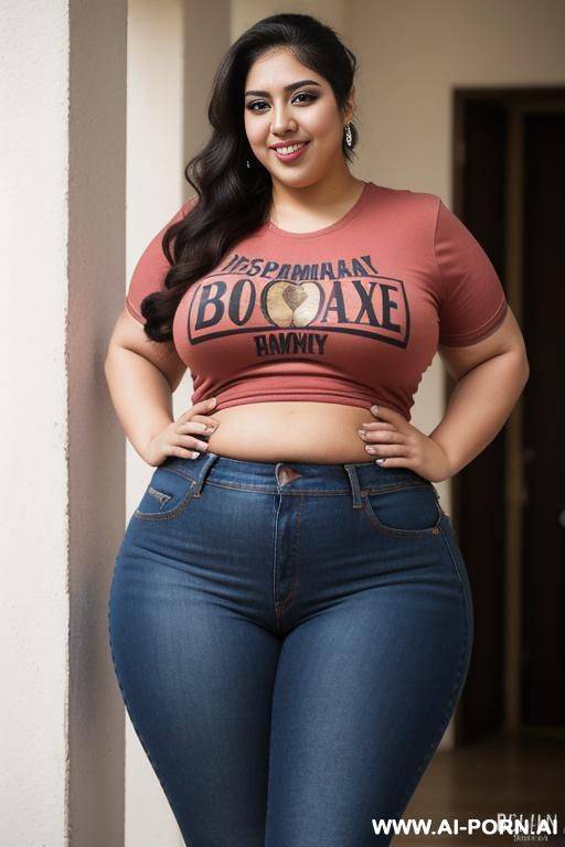 mexican, hourglass figure, wearing band tshirt, high rise jeans - #main