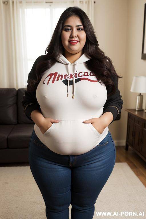 mexican, hourglass figure, wearing band tshirt, high rise jeans, long hair, rotund - #main