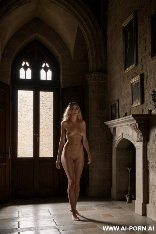 totally naked, pussy, barefoot, collar, sad, walk, castle, captive, tiara, full frontal view - #main