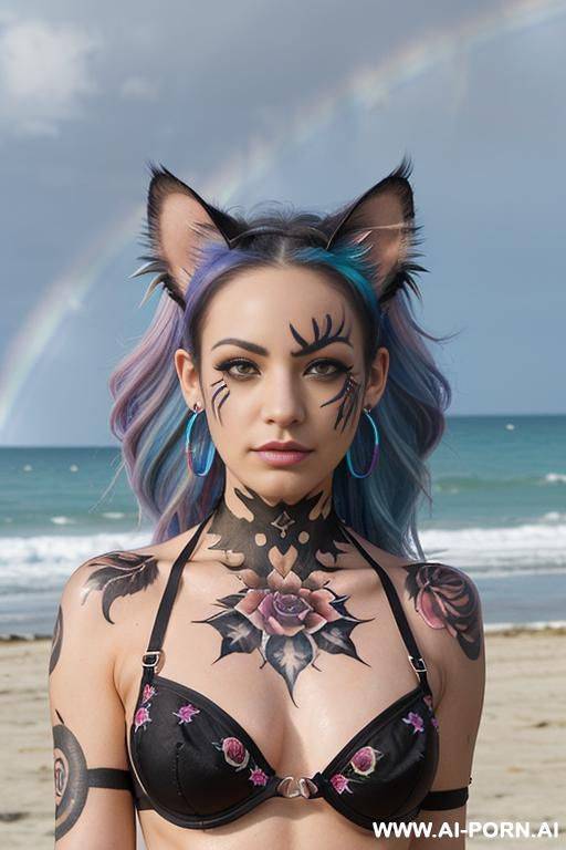 face, sexy, beautiful, ((face painting)), ((bikini as seashell)), ((tattoo roses)), ((eyes shw)), ((angel wings)), ((rainbow hair)), ((sexy expression)), ((long bu hair)), ((wind)), (( cat face)), (( cat - #main