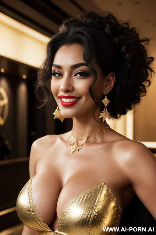a beautiful and fit female with light skin, she is twenty , looking tods the camera with a slightly tilted head. her dark, voluminous, curly hair are around her face and shoulders. she has - #main