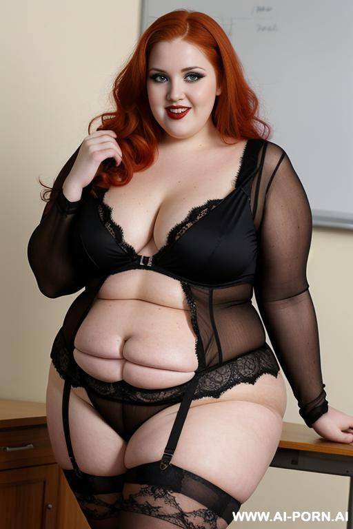 half body photo shot, about at classroom, fat (((very obese))) bbw curvy redhead ((goth)) teacher, wearing a sexy and hot goth lace stocking lingeries, she has the most bnatural body - #main
