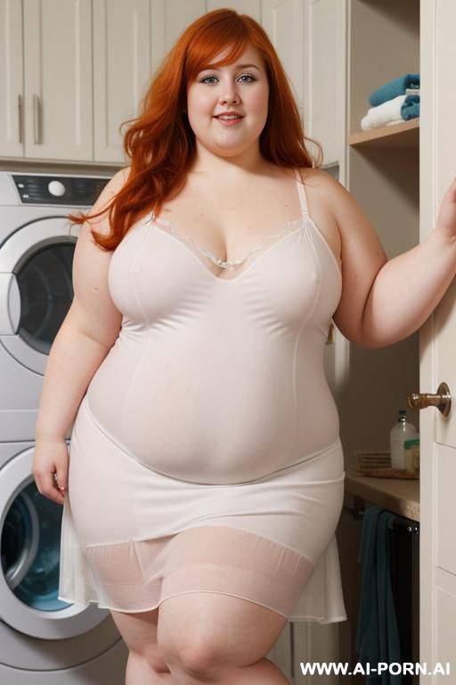 half-length photo, ((half body photo shot close up)). as a set in the laundry area, a (((very obese))) fat chubby fat thick and bbw redhead british, ((she is washing clothes)). she has - #main