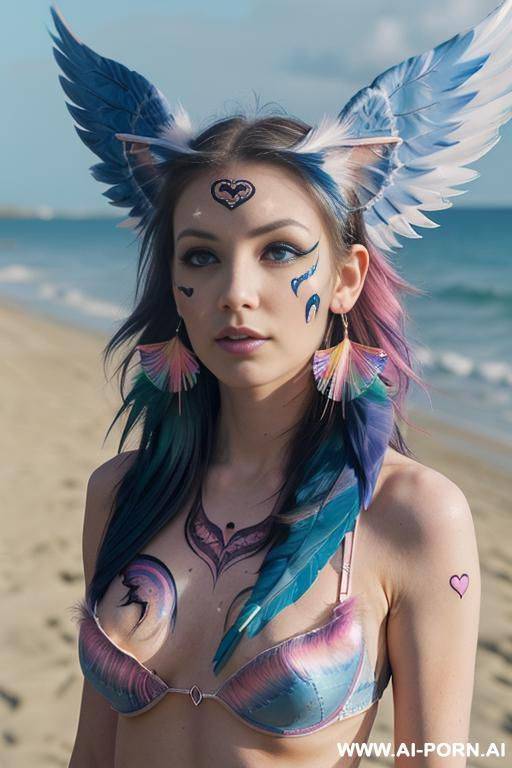face, sexy, beautiful, ((face painting)), ((bikini as seashell)), ((eyes shw)), ((angel wings)), ((rainbow hair)), ((sexy expression)), ((long bu hair)), ((wind)), (( cat face)), (( cat ears)), - #main