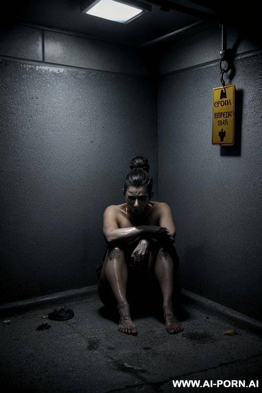 a beautiful woman, alone, cracked sidewalk at night, under a dim streetlight. she is nearly unclothed, wearing only torn, mal clog, portraying the impact of extreme poverty. tered around her are - #main