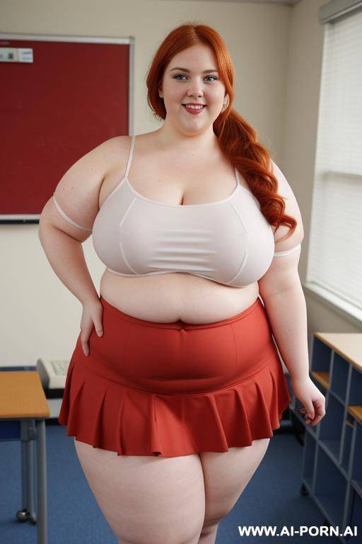 close up full body photo shot, about at classroom, chubby ((obese)) redhead fat bbw curvy teacher, wearing a sexy and hot micro red ruffle skirt, and elegant top, teaching to the classroom. - #main