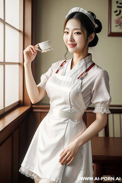 masterpiece, fine details, breathtaking artwork, painterly art style, high quality, k, very detailed, high resolution, exquisite composition and lighting, white skin, (((korea mother wearing a maid outfit)))) - #main