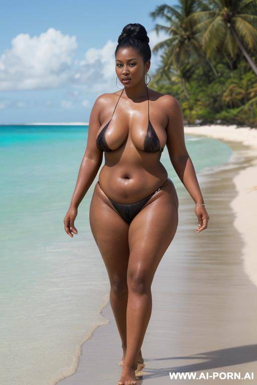 chubby woman with cellulite in a see through micro bikini at the beach with legs wide open - #main