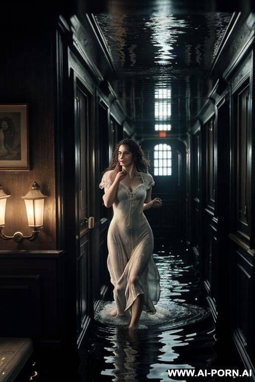 a dramatic scene of rose running in panic through the flooding gangway of the sinking titanic. her hair is wet and messy, her nightgown flowing as she sprints barefoot, eyes wide with fear. - #main