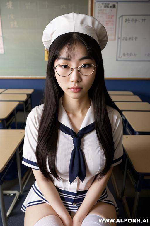 ((embarrassed)), ((nakedy)), ((sailor uniform, high stockings, long hair, naked breasts, white socks)), ((asian woman, fat pussy, spread pussy, uniform, glasses, sailor shirt)), ((sailor)) - #main