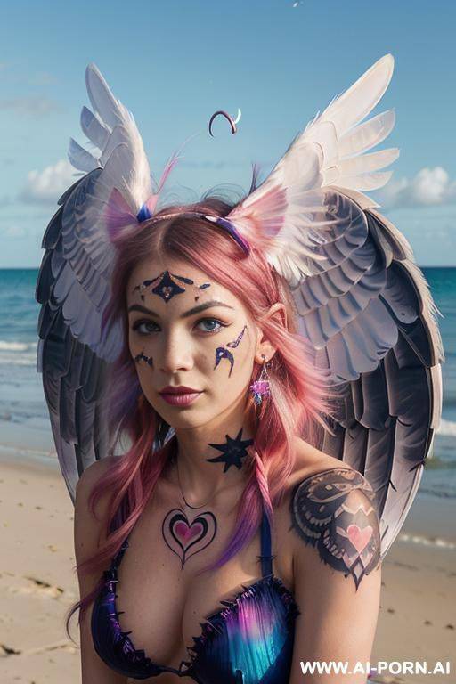face, sexy, beautiful, ((face painting)), ((bikini as seashell)), ((eyes shw)), ((angel wings)), ((rainbow hair)), ((sexy expression)), ((long bu hair)), ((wind)), (( cat face)), (( cat ears)), - #main
