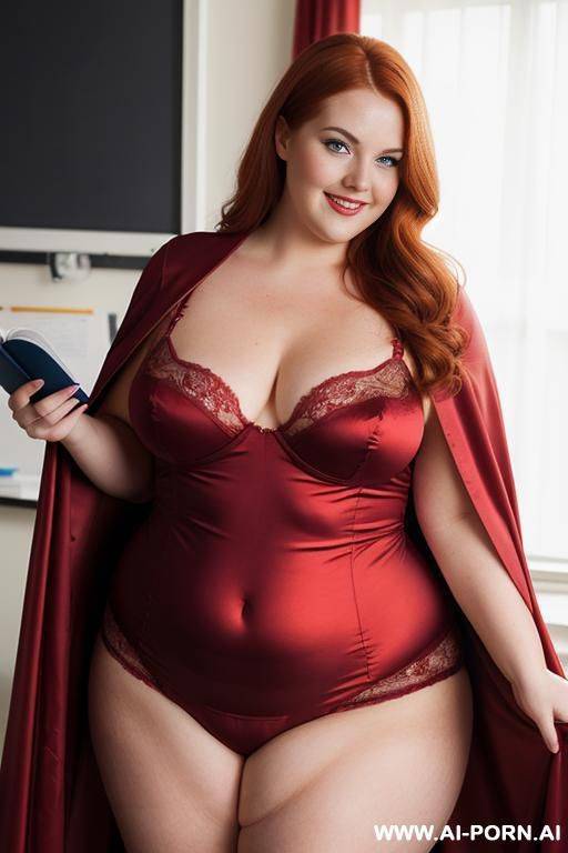 close up half body photo shot, about at classroom, chubby very ((obese)) redhead fat bbw curvy teacher, wearing a sexy and hot heroine red and gold suit, a flowing cape and a sleek eye mask and stocking, teaching to the classroom. - #main