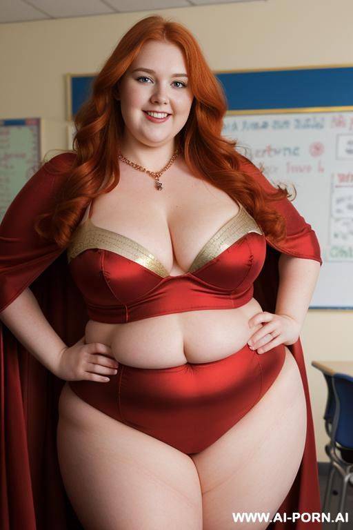 close up half body photo shot, about at classroom, chubby very ((obese)) redhead fat bbw curvy teacher, wearing a sexy and hot and sexy heroine red and gold suit with cape, teaching to the classroom. - #main