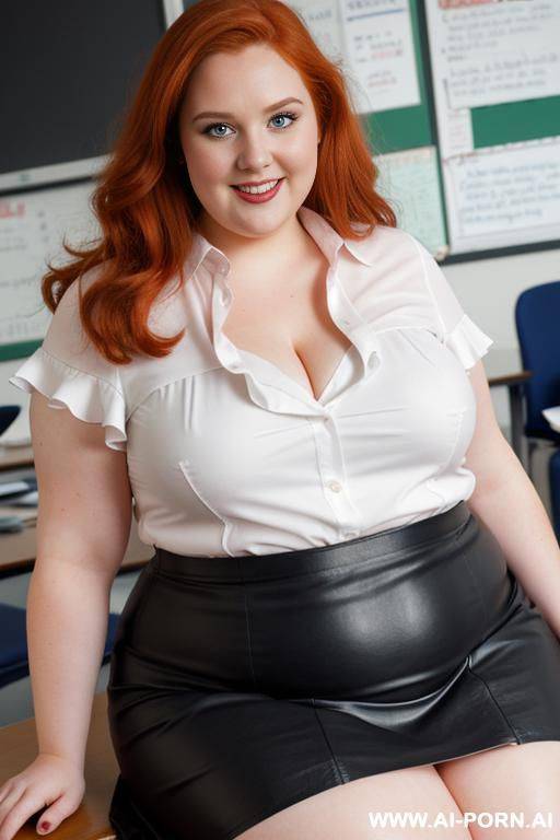 close up full body photo shot, about at classroom, chubby very ((very obese)) redhead fat bbw curvy teacher, wearing a sexy and hot micro ruffle leather skirt, and elegant top, teaching to the classroom. ((dynamic angle)), perfect face - #main