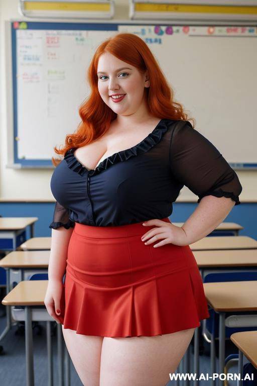close up full body photo shot, about at classroom, chubby very obese redhead fat bbw curvy teacher, wearing a sexy and hot micro red ruffle skirt, and elegant top, teaching to the classroom. - #main
