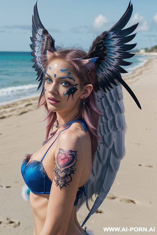 face, sexy, beautiful, ((face painting)), ((bikini as seashell)), ((eyes shw)), ((angel wings)), ((rainbow hair)), ((sexy expression)), ((long bu hair)), ((wind)), (( cat face)), (( cat ears)), - #main