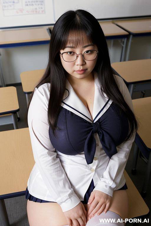 ((embarrassed)), ((nakedy)), ((sailor uniform, high stockings, long hair, naked breasts, white socks)), ((asian woman, fat pussy, spread pussy, uniform, glasses, sailor shirt)), ((sailor)) - #main