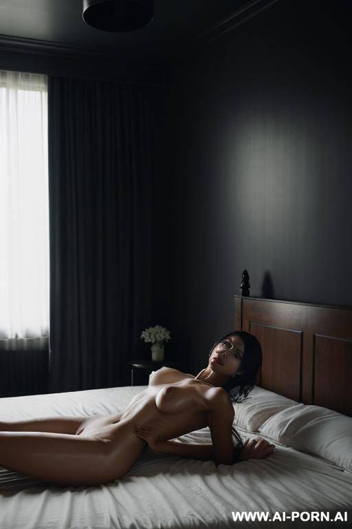 a half-dark room, a naked beautiful woman lying on a bed with her arms and legs tied to the bedposts. - #main