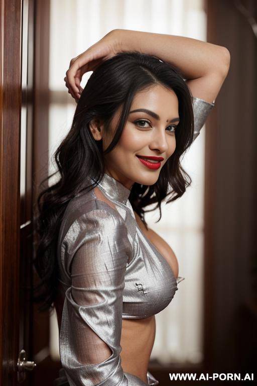 silver velvety saree, red lips, broad hip, large boobs, no blouse or bra, beautiful teeth, sexy smile - #main