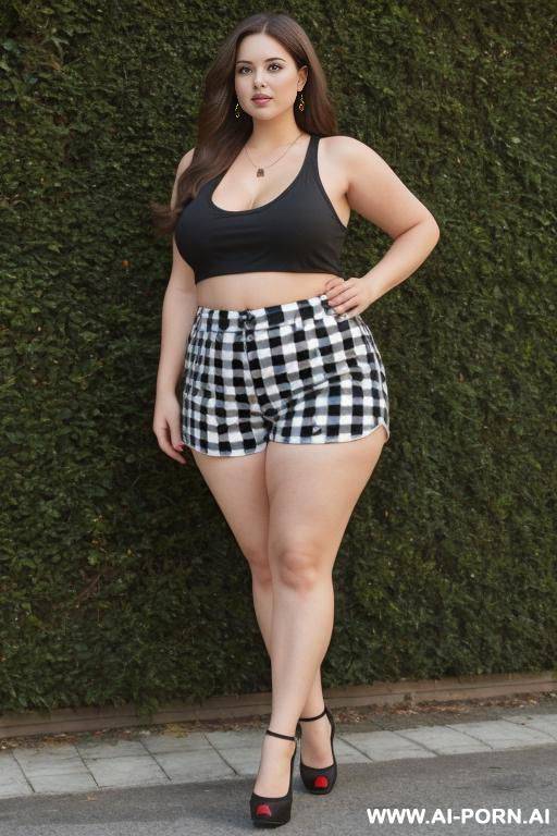 chubby woman, full body, standing, long brown hair with red, triangular hips, thick thighs, wearing black and white checkered shorts, tank top, hedge - #main