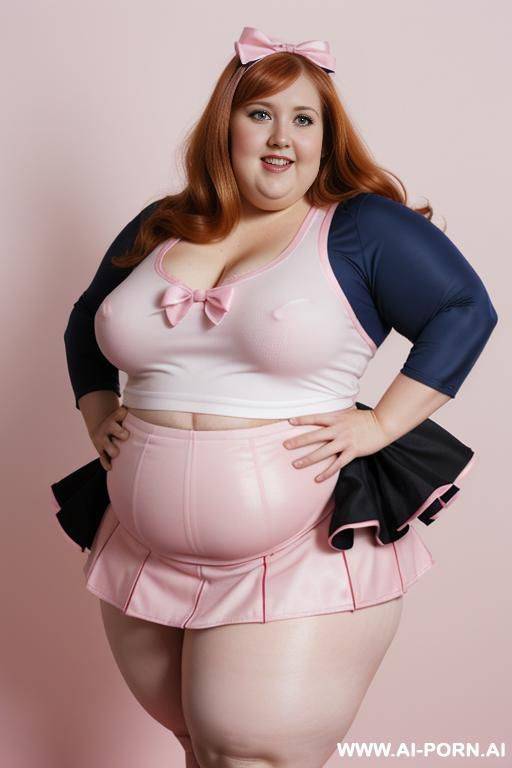 close up half body photo shot, chubby very ((((obese with wide hips)))) redhead fat bbw curvy cheerleader, wearing a sexy and hot micro ruffle leather skirt, wearing high stockings. (dynamic angle), perfect heart face - #main