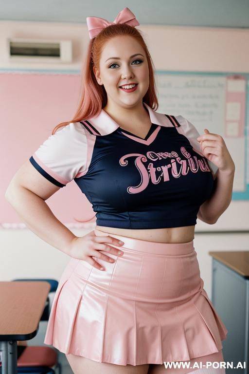 close up full body photo shot, about at classroom, chubby very ((very obese)) redhead fat bbw curvy teacher, wearing a sexy and hot micro ruffle leather skirt, and elegant top, teaching to the classroom. ((dynamic angle)), perfect face - #main